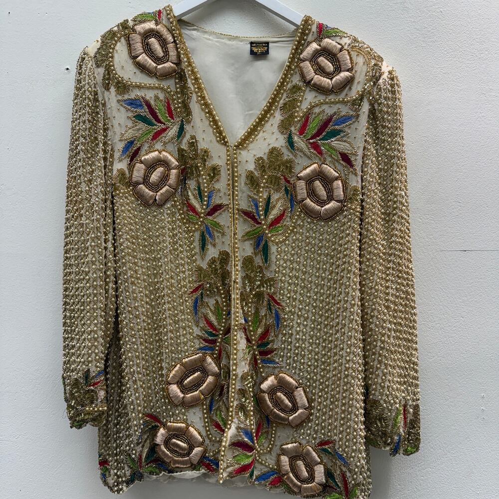 Vintage 1980s Beaded Silk Jacket Floral Ornate Glamorous Retro Spring Summer